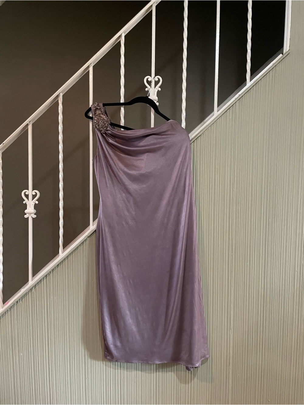Cachet Metallic Shimmer One Shoulder Ruched Midi Dress Mauve Size 14